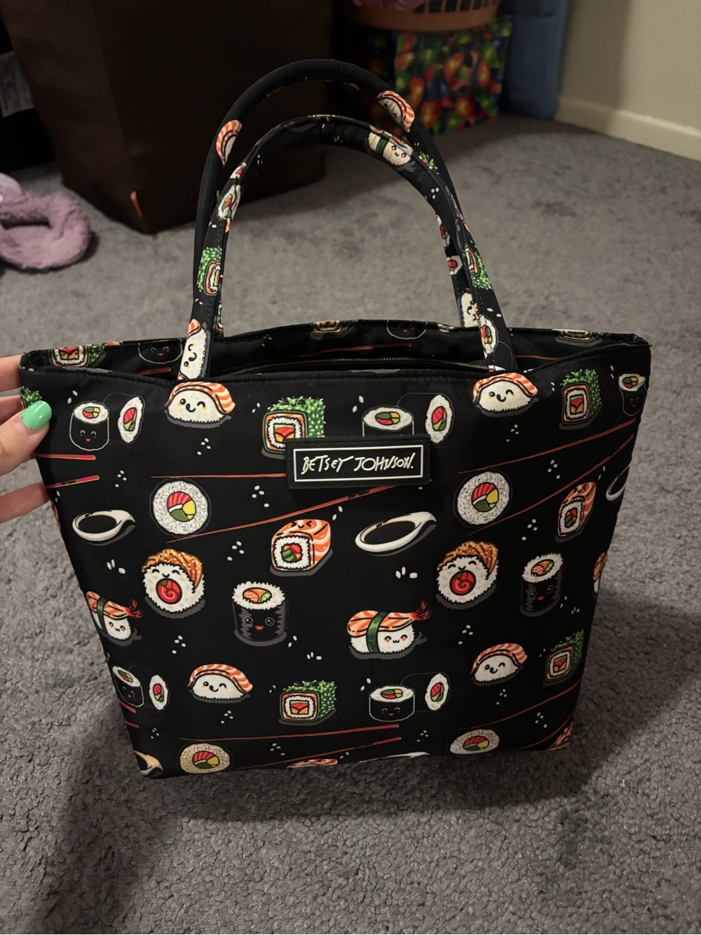 Betsey Johnson Black Sushi Print Tote with Colorful Accent Prints